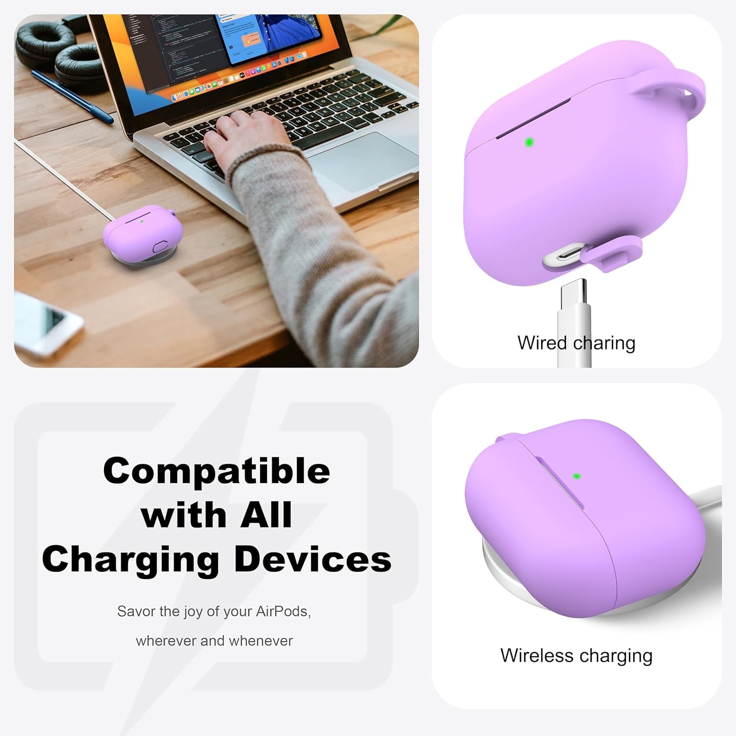 Airpods Pro Case Cover with Keychain, Full Protective Silicone Skin Accessories for Women Girl with Apple 2019 Latest Airpods Pro Case, Front LED Visible-Lavender